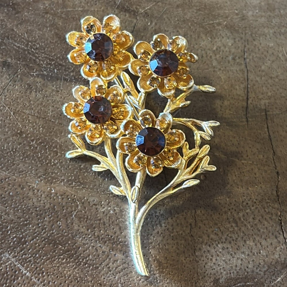 2 Brooches for 30 Vtg Gold Tone Brown Rhinestones Flowers Stem w/ Leaf Brooch